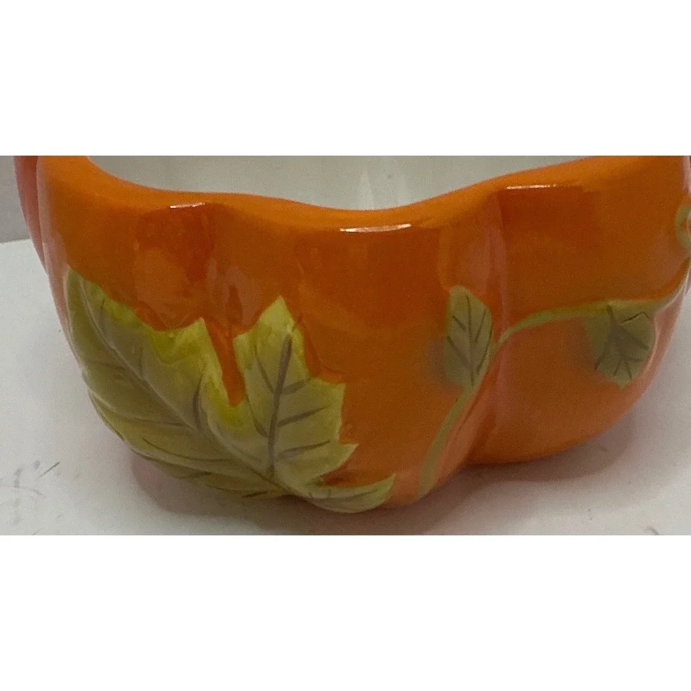 Hand Painted Earthenware Pumpkin Bowl Orange Scalloped Fall Decor 6 Inch